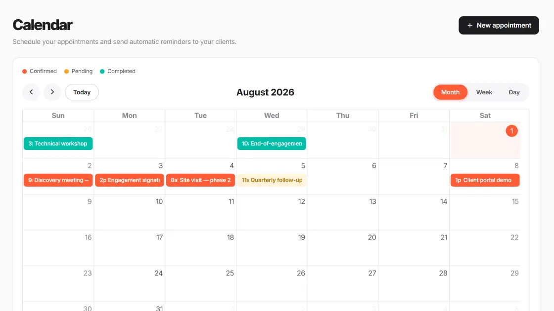 Calendar + appointments — CRM PME product screen