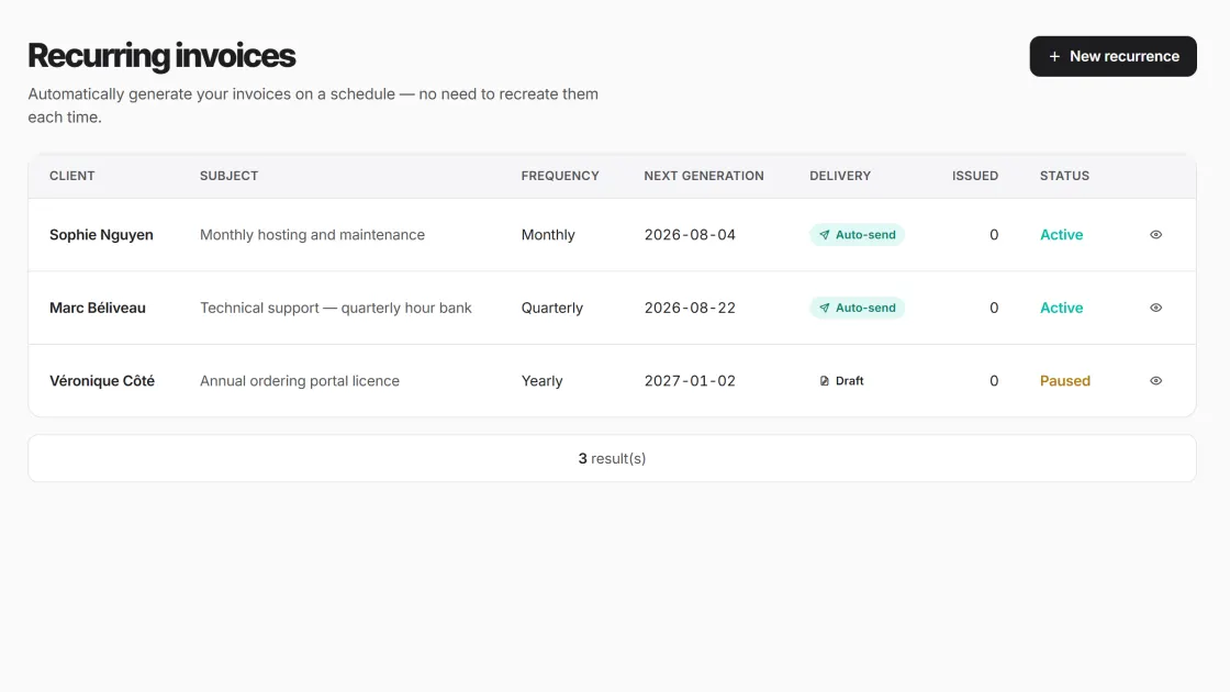 Recurring invoicing — CRM PME product screen