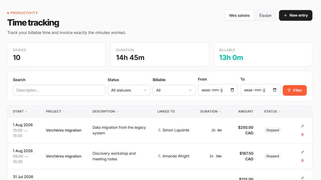 Billable time tracking — CRM PME product screen