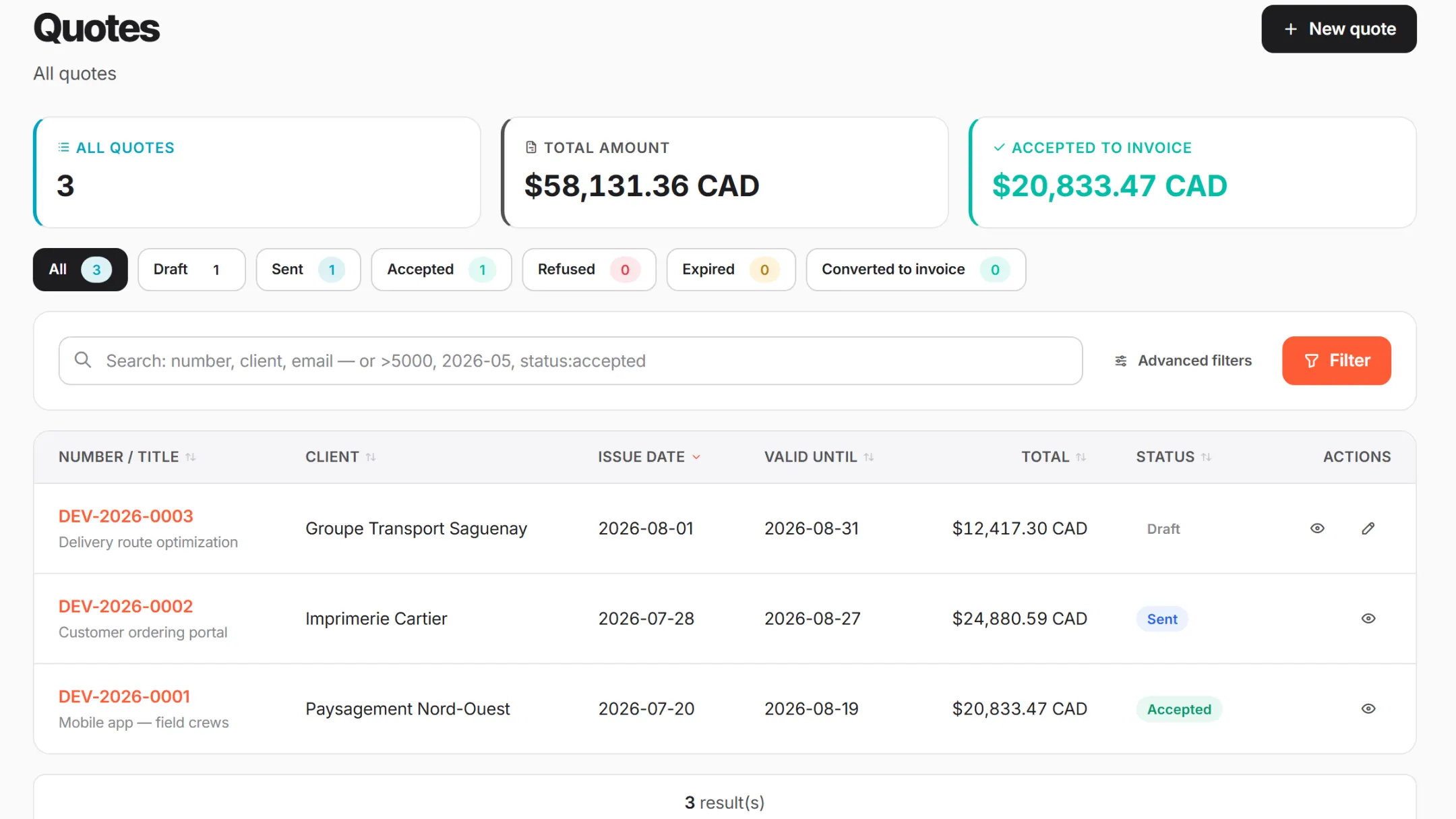 Quote list in CRM PME: numbering, statuses, amounts and taxes
