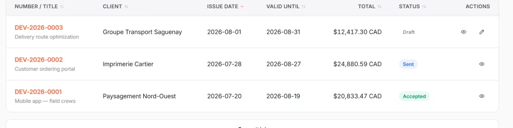 Quote list: three DEV-2026 documents with draft, sent and accepted statuses.