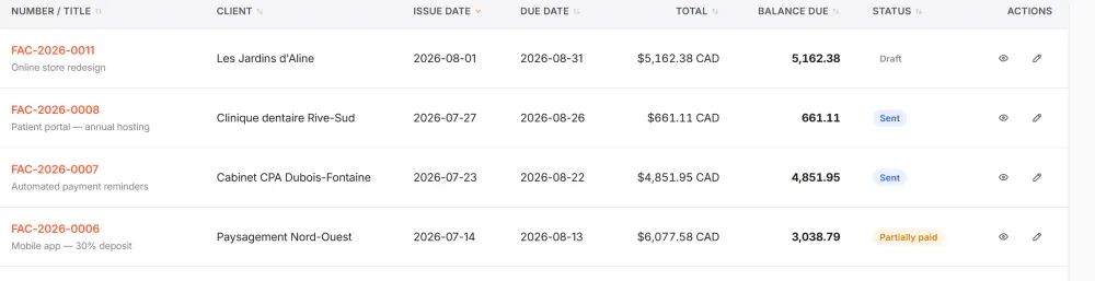 Invoice list: FAC-2026 numbers, clients, due dates, totals in CAD and balance due.