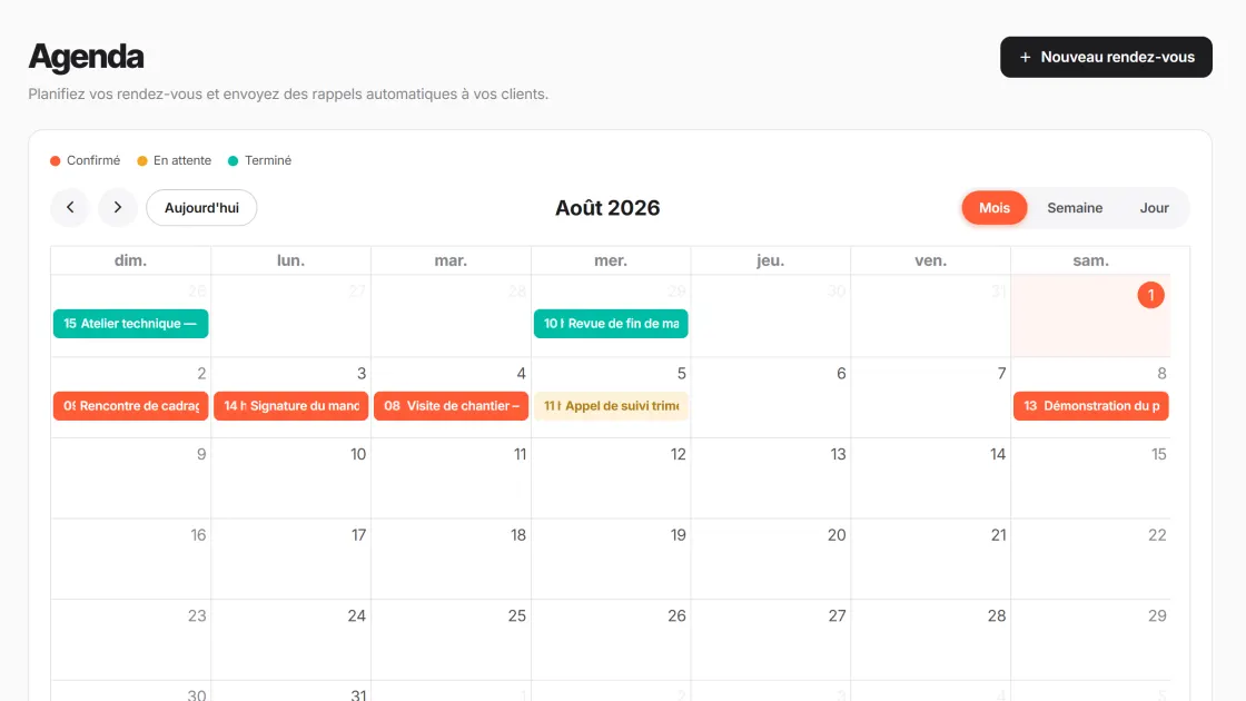 Agenda + rendez-vous — écran du produit CRM PME