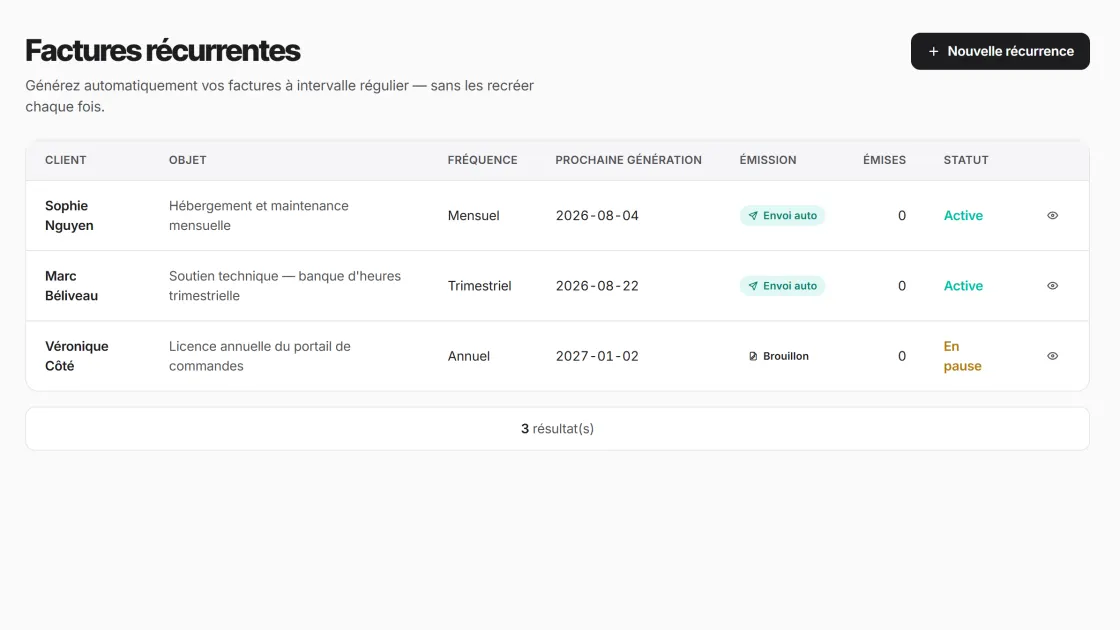 Facturation récurrente — écran du produit CRM PME