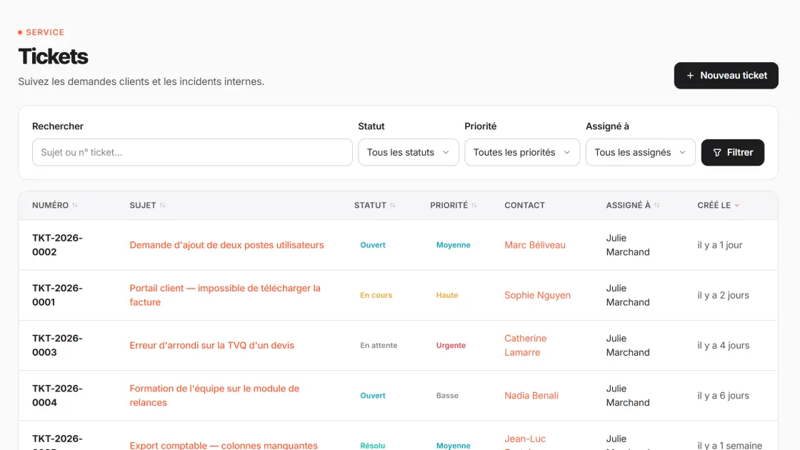 Tickets de support — écran du produit CRM PME