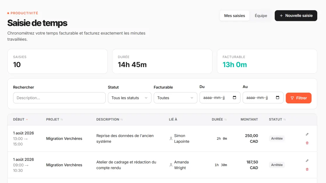 Suivi du temps facturable — écran du produit CRM PME