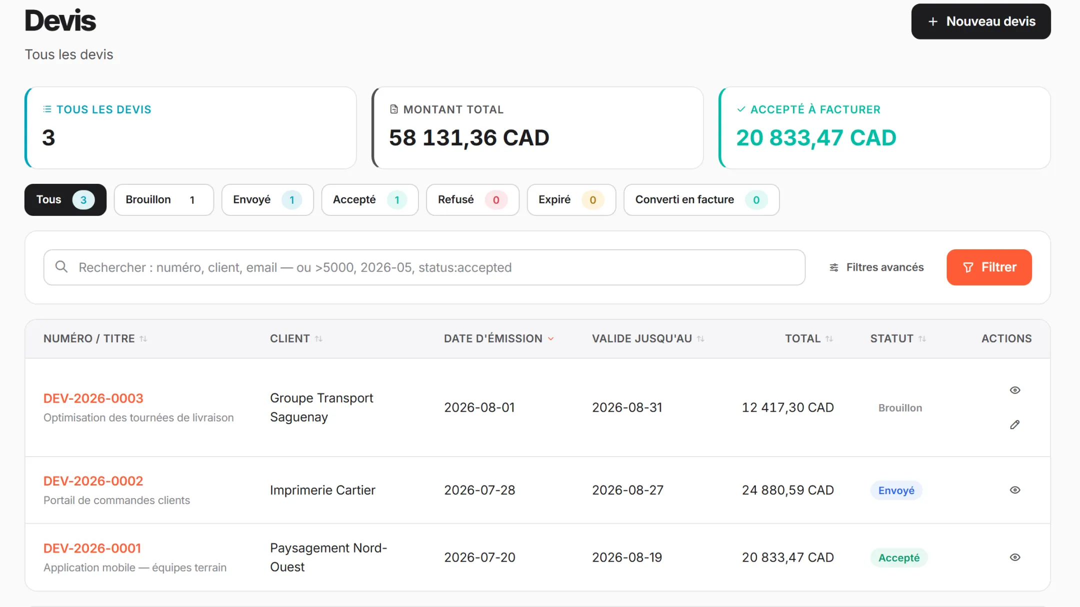 Liste des devis dans CRM PME : numérotation, statuts, montants et taxes
