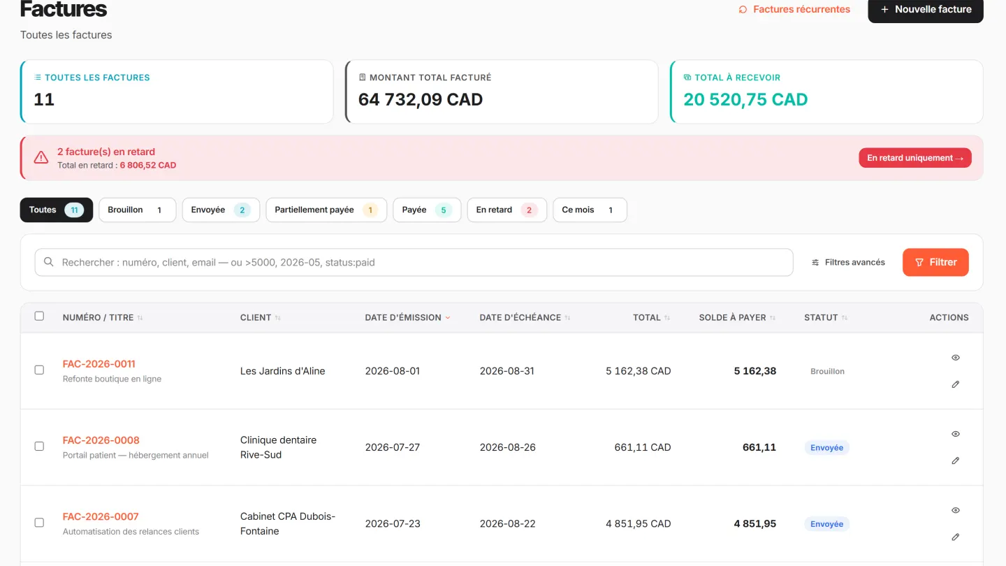 Facture générée dans le CRM avec numérotation automatique et lien de paiement