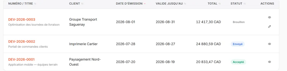 Liste de devis : trois documents DEV-2026 aux statuts brouillon, envoyé et accepté.
